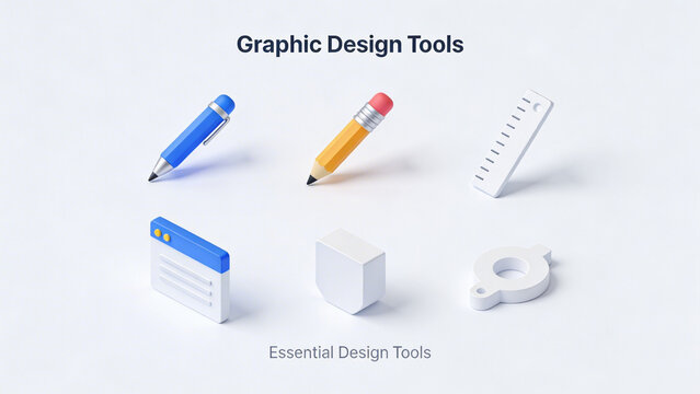 A collection of minimalist 3d isometric icons representing essential graphic design tools and creative assets.