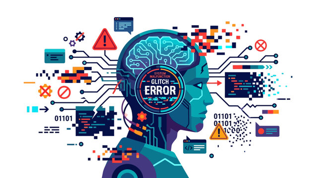 A futuristic illustration of a human head with a brain and circuit boards displaying an error message in a technological environment.