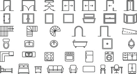 Fototapeta premium CAD floor plan vector icon set, architectural interior symbols collection with doors, windows, furniture, kitchen and bathroom fixtures, columns and openings for blueprint drafting and constructions