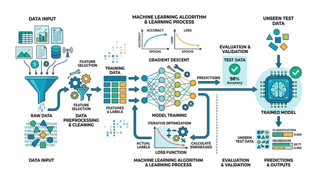 A machine learning algorithm diagram illustrates the process of data input and funneling into various components, including data processing and model evaluation.