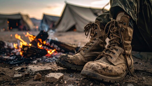 Worn Soldier Boots by Campfire