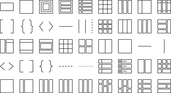 CAD drafting symbol vector library, architectural outline elements with frames, borders, brackets, grids, tables, hatch patterns and modular layout blocks for blueprint plans and technicals
