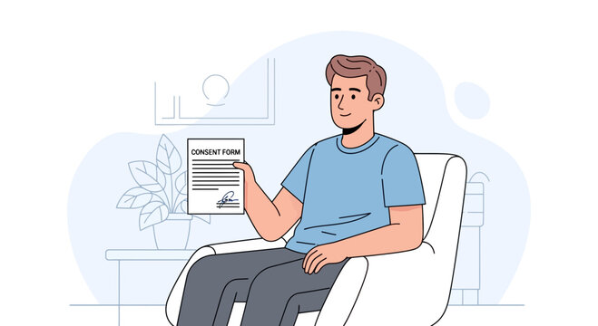 Man Holding Consent Form While Sitting in Armchair, Illustration