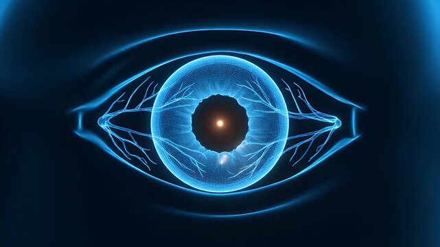 Futuristic digital eye scanning concept with glowing blue iris on a dark background.