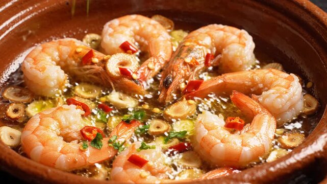 Savory shrimp prawn, plump succulent, cooked with aromatic garlic, vibrant red chili pepper, golden olive oil. Appetizing gourmet tapas appetizer, rich flavorful culinary delight