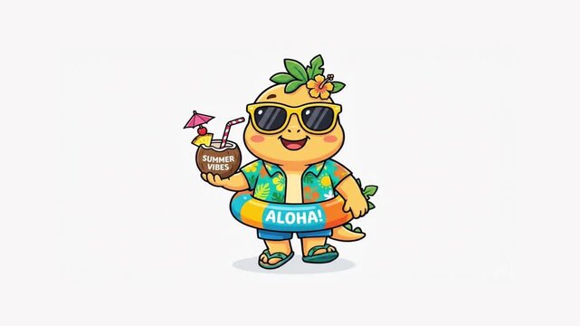 A cute, cartoonish yellow creature wearing sunglasses, a Hawaiian shirt, and swim trunks, holding a coconut drink and a floatie, embodying a summer vacation theme.