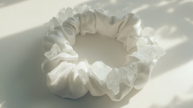 Elegant white fabric scrunchie on a white surface with soft shadows
