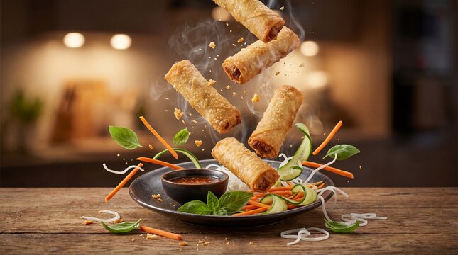 Crispy spring rolls fly over dark plate with sauce. Appetizers with vegetables, carrot, cucumber, basil, noodles fill air, falling onto table. Food photography.