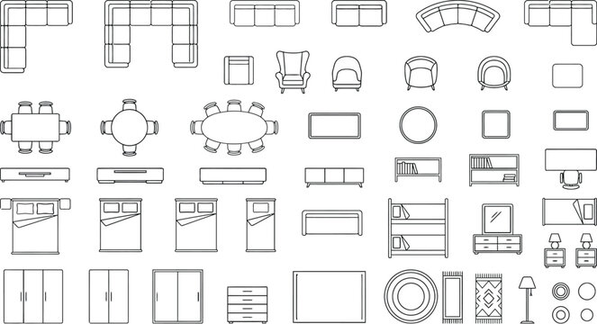 CAD floor plan symbol vector library, interior layout furniture blocks with seating, tables, sofas, beds, counters, storage units and meeting room elements for architectural space planning and plans