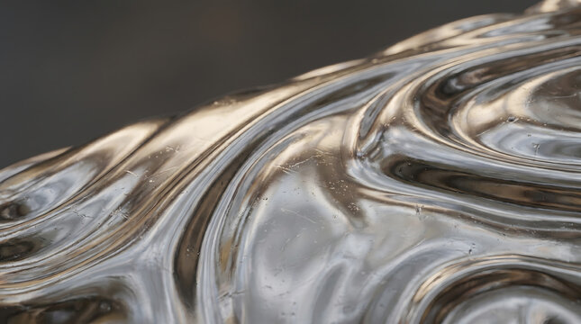 Abstract extreme close-up of flowing liquid metal with ripple patterns and shiny chrome reflections, modern metallic texture background.