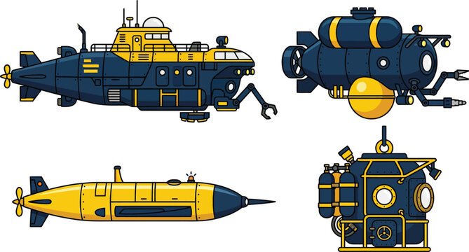 Collection of colorful submersible vehicles diverse underwater exploration submarines and bathyscaphes vector illustration for science and a