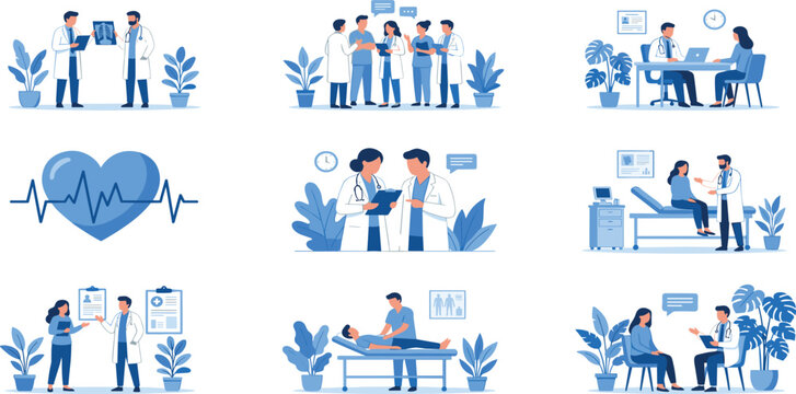 Healthcare Medical Service Vector Illustration Set Featuring Doctors Consulting Patients Analyzing X-rays and Hospital Team Collaboration for Wellness and Clinic Website Graphic Designs