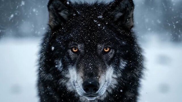 black wolf with orange eyes standing in a snowy winter forest during a blizzard look