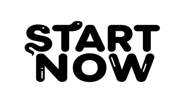 Bold black text with a stylized snake forming the letter 'S' in the word 'START' and the words 'START NOW' in a playful font.