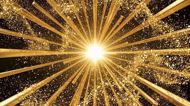 Abstract golden rays explosion background featuring dynamic light bursts and shimmering particle effects in cinematic motion.