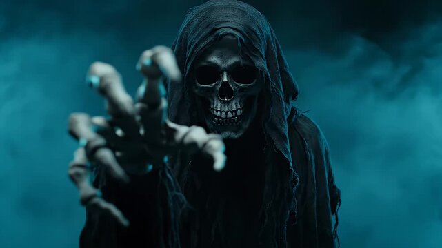 Grim reaper reaching out with a skeletal hand in a dark and smoky blue foggy setting