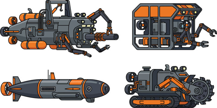 Collection of underwater exploration vehicles including submersibles and robotic arms for science and industry