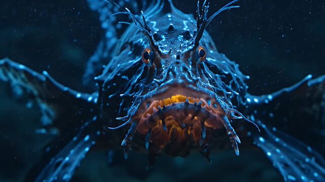 Bioluminescent deep sea fish with glowing mouth swimming in the dark ocean depths AI