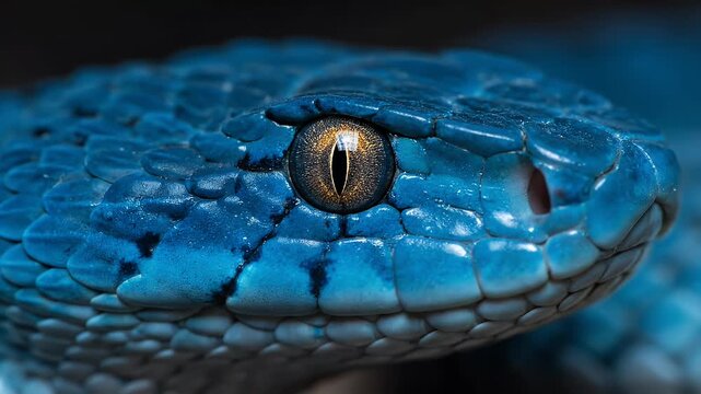 blue pit viper close up of the head with detailed scales and a golden eye in nature.