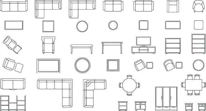 CAD floor plan furniture vector set, architectural interior top view symbols with sofas, chairs, tables, desks, storage units, shelving and layout blocks for space planning and blueprint drafting