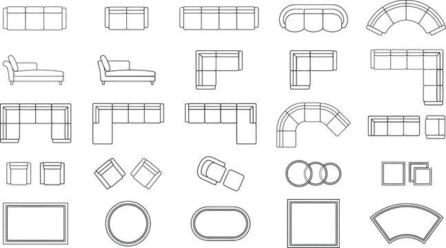 CAD modular sofa vector set, architectural interior floor plan seating blocks with sectional, L-shaped, U-shaped, curved and round lounge layouts plus rugs and room shapes for space planning design