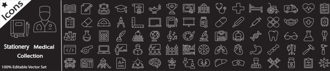 Medical and stationery line icons collection, professional healthcare and school supplies vector set, white outline symbols on black background © rani