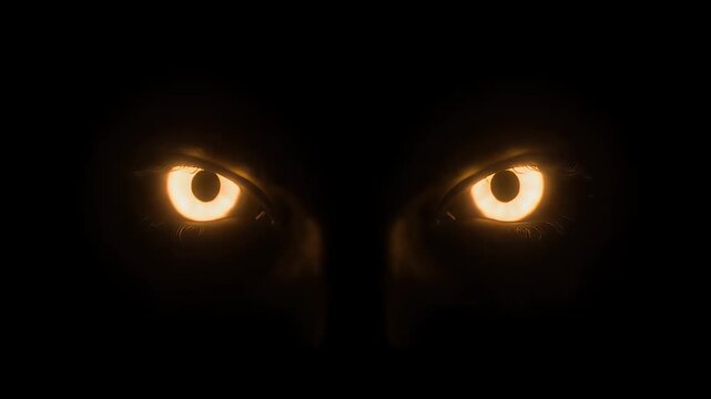 Glowing demonic eyes staring intensely from the shadows of a pitch black background.
