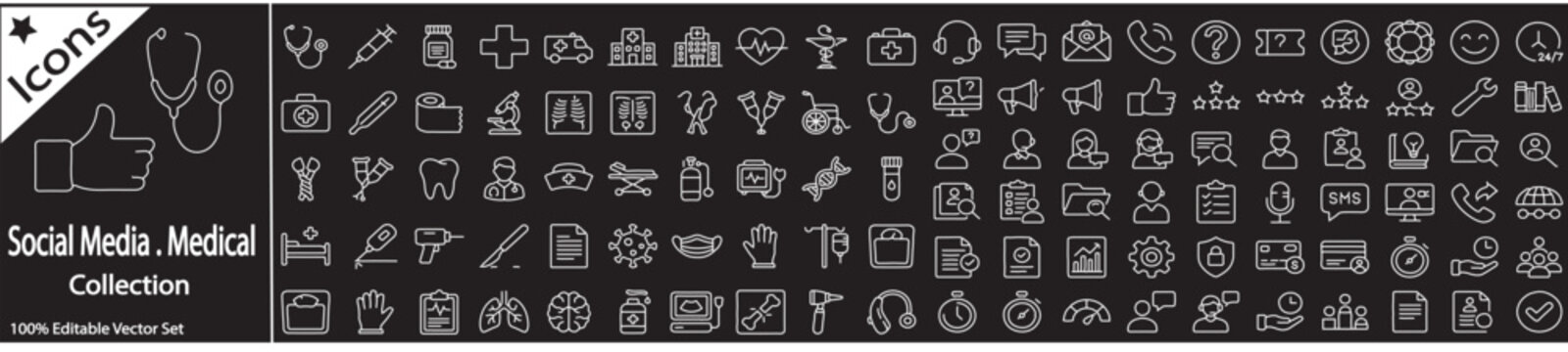 Medical and social media icons collection, white line art symbols on black background, healthcare and communication vector set for web and app design