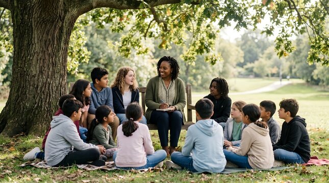 An adult woman and a diverse group of children sitting in a circle under a large tree, engaged in an outdoor learning or storytelling session.
