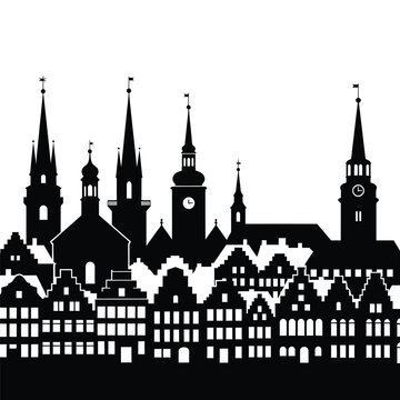 Black silhouette of old European city.