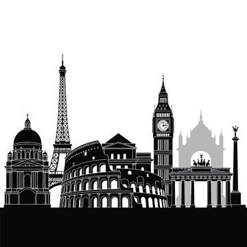 Famous Landmarks City Skyline Silhouette Illustration.