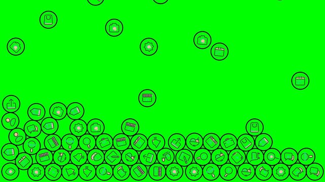 Animated lifestyle Icons Falling and Piling Up on Green Screen Background in 4K for background