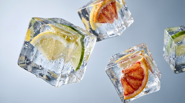 Refreshing summer concept of floating ice cubes containing fresh lemon, lime and blood orange slices, extreme macro photography on a clean blue background.