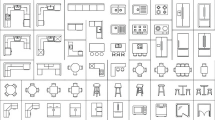 Interior design CAD furniture vector mega set, architectural floor plan symbols with sofas, beds, kitchen layouts, bathroom fixtures, office furniture and room blocks for blueprint drafting design © PrimePixel Co
