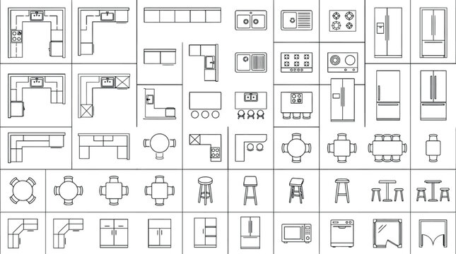 Interior design CAD furniture vector mega set, architectural floor plan symbols with sofas, beds, kitchen layouts, bathroom fixtures, office furniture and room blocks for blueprint drafting design