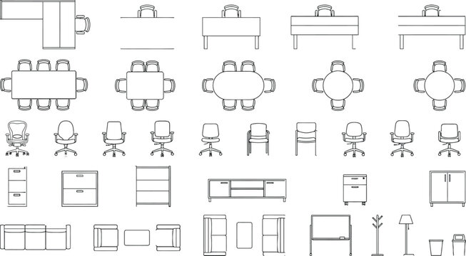 Dining and office furniture CAD vector set, top view floor plan symbols with tables, chair layouts, caf&eacute; seating and conference desk blocks for architectural interior planning and blueprint drafting