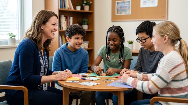 An adult woman and four diverse children happily engaged in a group activity around a table in a bright room, fostering learning and social interaction.
