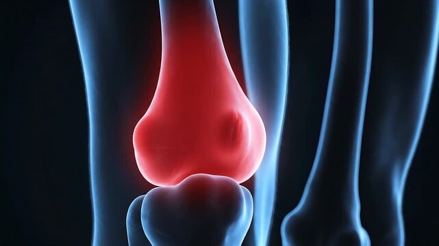 3D rendered illustration of a human knee joint highlighting the area, indicating knee pain