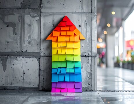 Colorful sticky notes arranged like a rainbow on a brutalist gray concrete wall, forming a giant arrow pointing upward, blurred urban background, back to school productivity concept