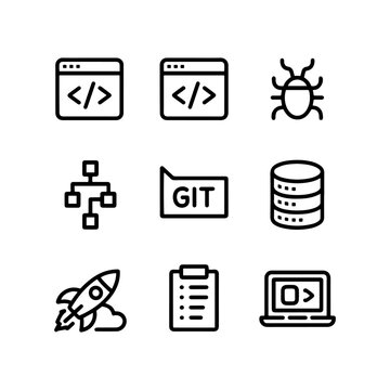 Software development line icons set, programming and coding vector elements, web engineering and database symbols for tech UI design