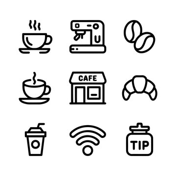 Coffee shop line icon set, 9 cafe vector elements, espresso machine and croissant symbols, minimalist breakfast and cafeteria web graphics