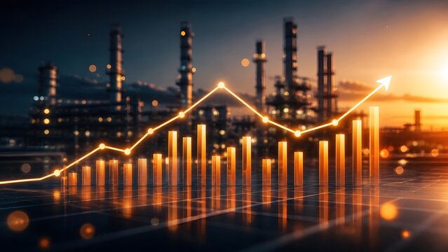 Industrial production growth and energy market analysis concept showing glowing upward bar chart against sunset oil refinery background