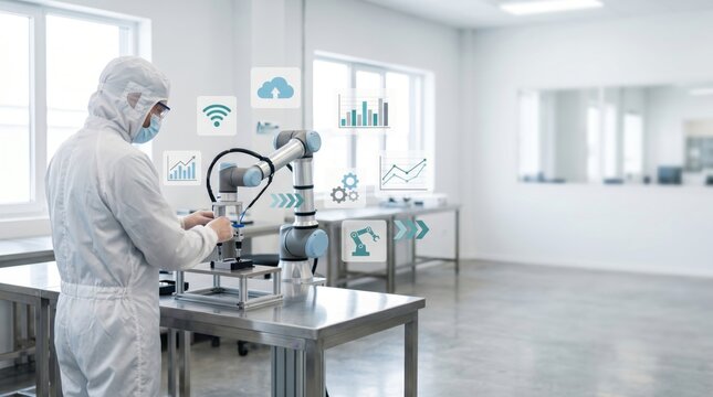 Engineer in cleanroom operating robotic arm with smart factory interface overlay Industry 40 automation process control system monitoring data charts Technology innovation