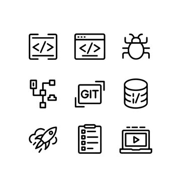 Software development line icons set, programming and coding vector symbols, 9 web engineering and database management elements for UI design