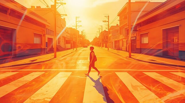 猛暑の住宅街を歩く人物と熱波のイメージ背景｜横断歩道、炎天下、酷暑、気候変動、都市風景、夏
