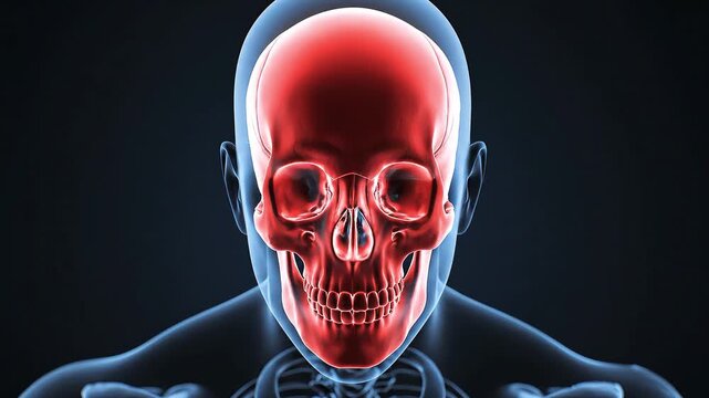 3D rendered illustration of a human skull highlighting the facial bones within the head, indicating skull pain