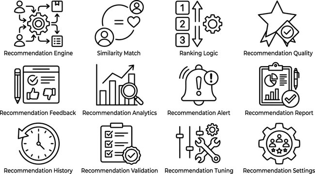 Set of Recommendation System Icons for Business Analysis and Technology.