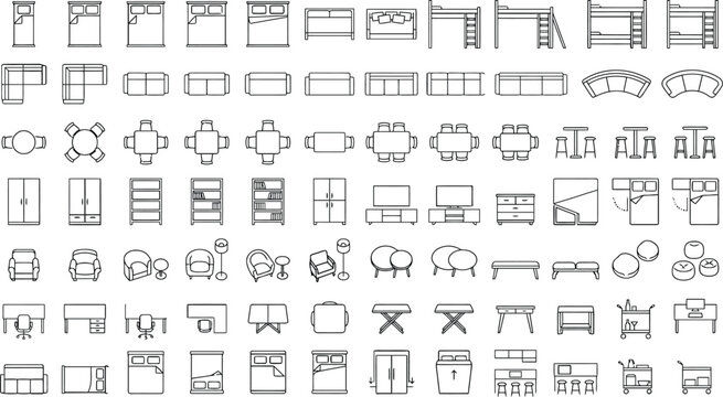 Mega CAD furniture symbol vector set, top view floor plan blocks with dining tables, sofas, beds, desks, shelving, seating and storage modules for architectural interior space planning and blueprint