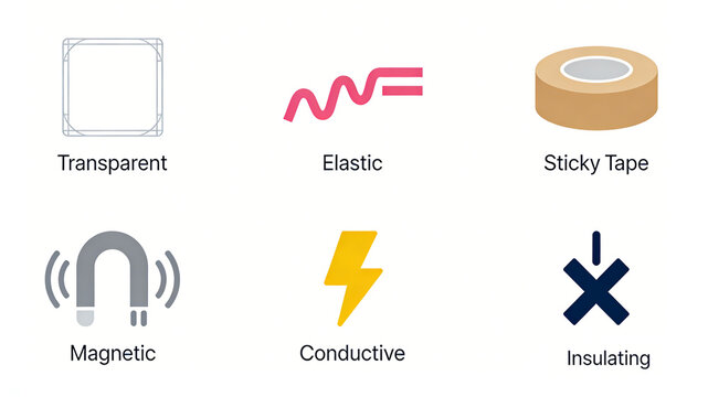 Simple icons such as boxes, waves, and magnets represent the physical properties of materials such as transparency, elasticity, magnetic attraction, conductivity, and insulation sealing.
