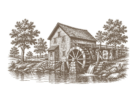 Detailed vintage engraving vector illustration of a traditional watermill building with a large wooden wheel beside a flowing river and lush trees.
